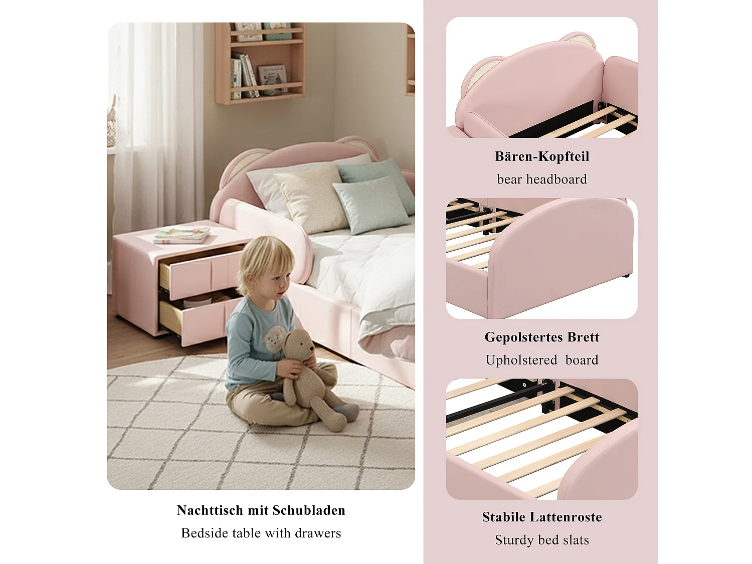 Lit capitonné simple enfant - 90 x 200 cm - avec tête de lit + table de chevet - velours + contreplaqué - rose