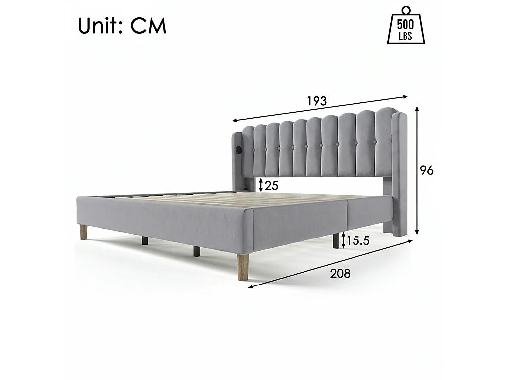 Lit double capitonné  - 180 x 200 cm - avec USB Type-C + sommier à lattes + tête de lit - lin - gris