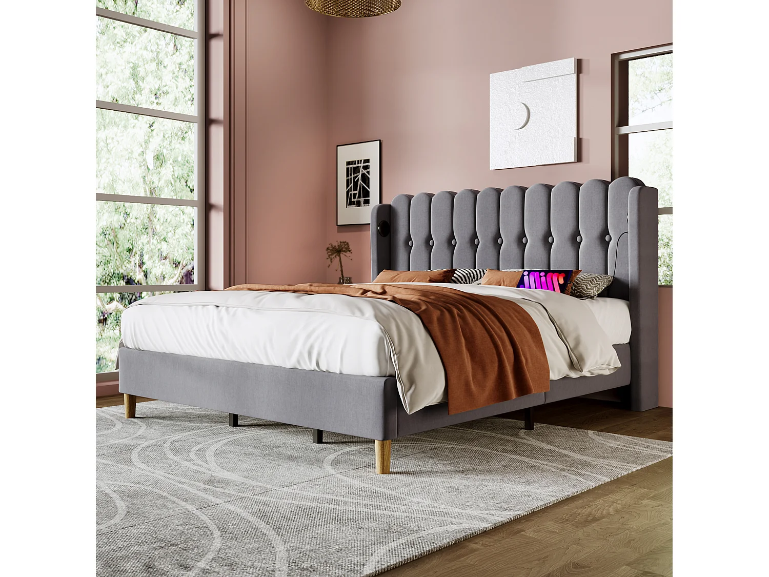Lit double capitonné  - 180 x 200 cm - avec USB Type-C + sommier à lattes + tête de lit - lin - gris