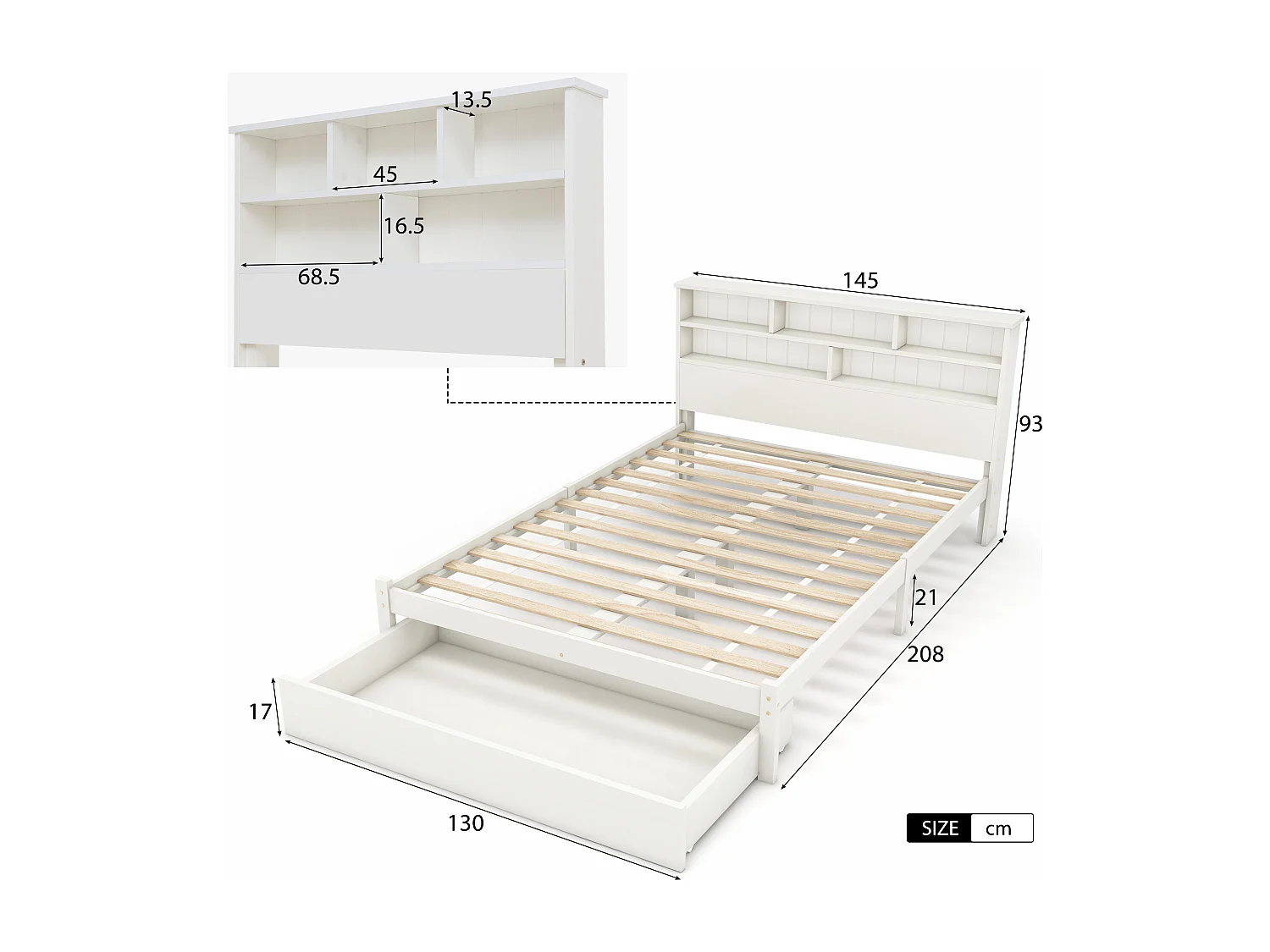 Double bed with drawers and storage headboard - 135 x 190 cm - solid wood - white