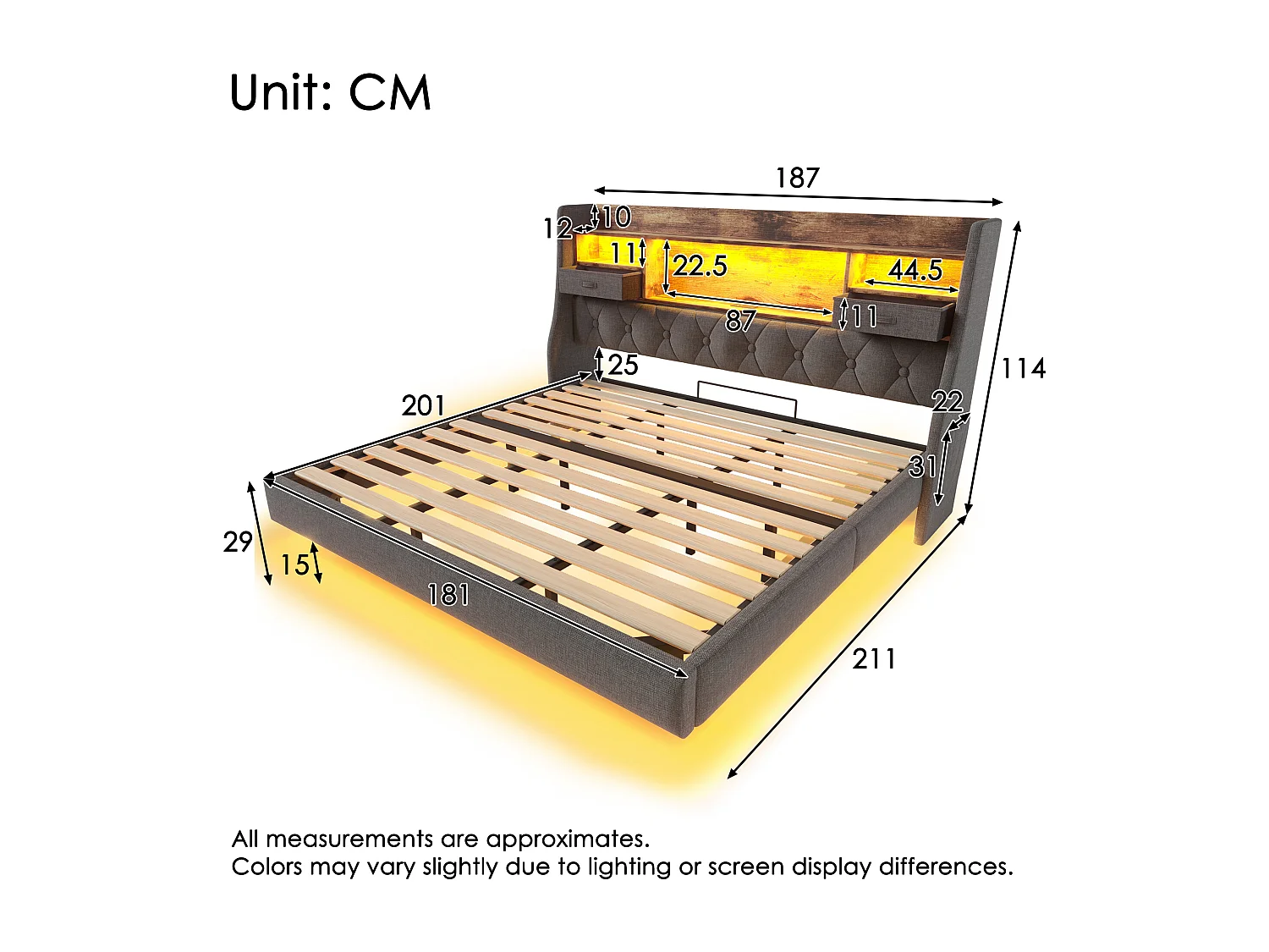 Upholstered double bed - 180 x 200 cm - with LEDs + charging station + storage headboard - linen - grey