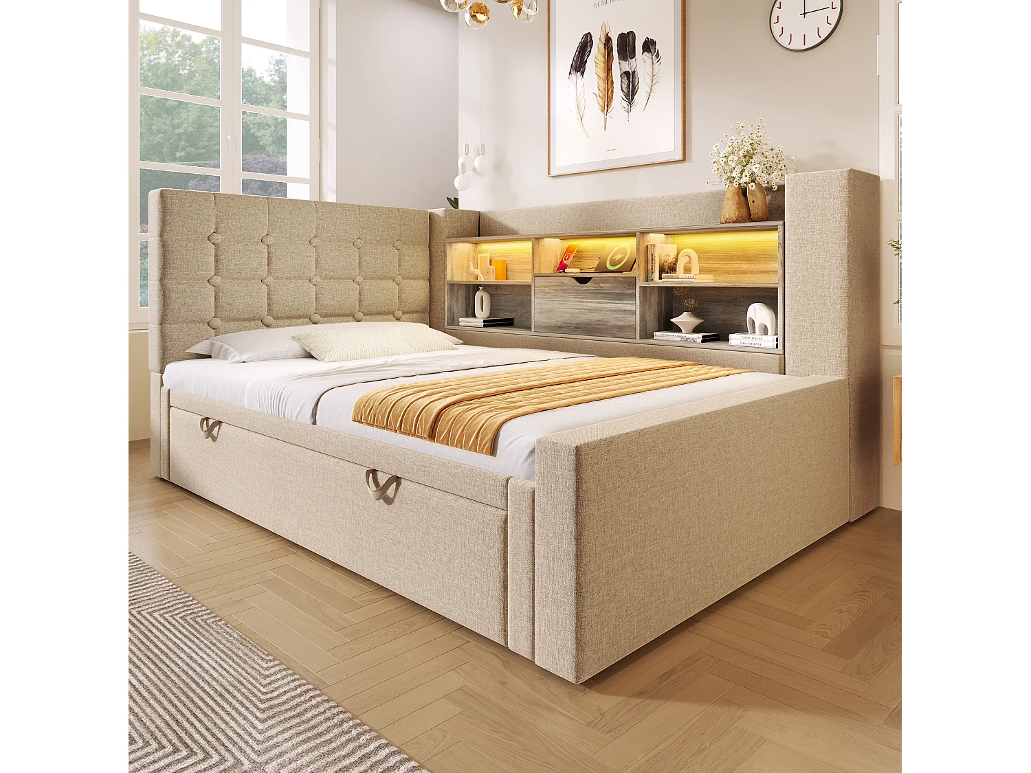 Upholstered bed 90 x 190 cm with pull-out bed 90 x 190 cm - with LEDs + storage headboard - linen - beige