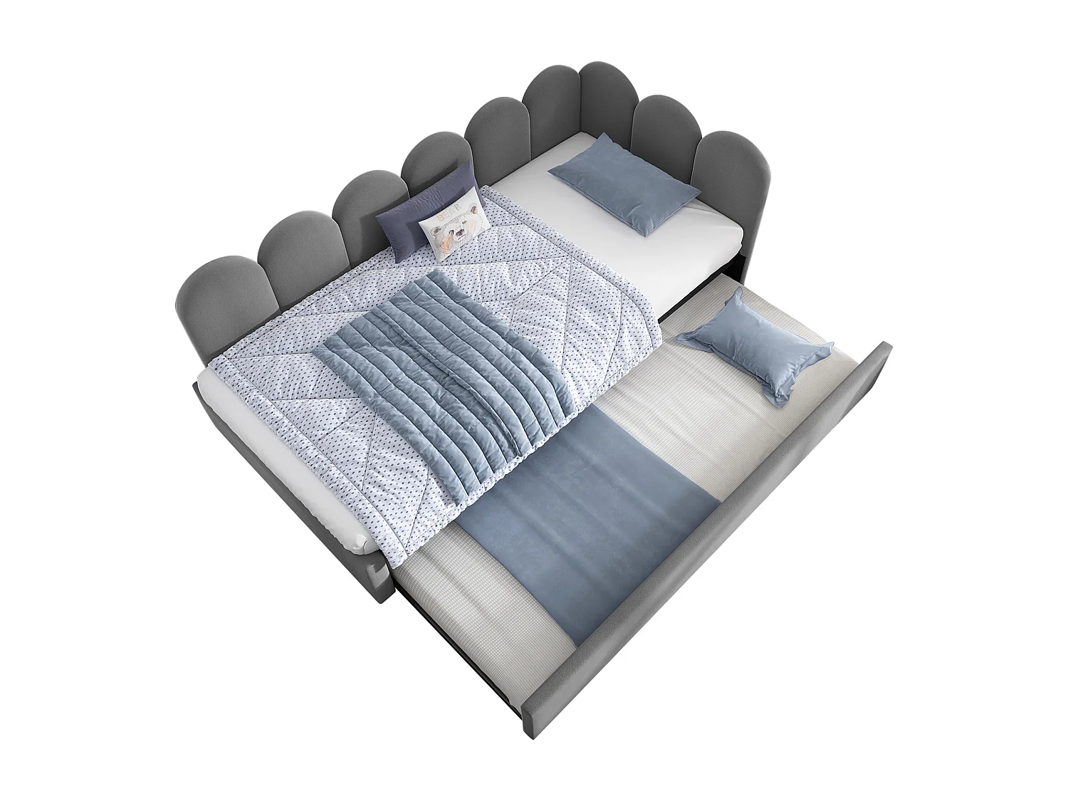 Upholstered trundle bed - 90 x 190 cm + 90 x 180 cm - children's sofa bed - without mattress - velvet - grey
