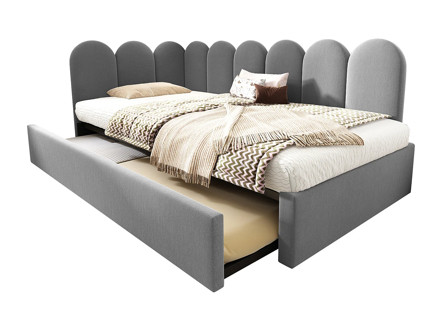 Upholstered trundle bed - 90 x 190 cm + 90 x 180 cm - children's sofa bed - without mattress - velvet - grey