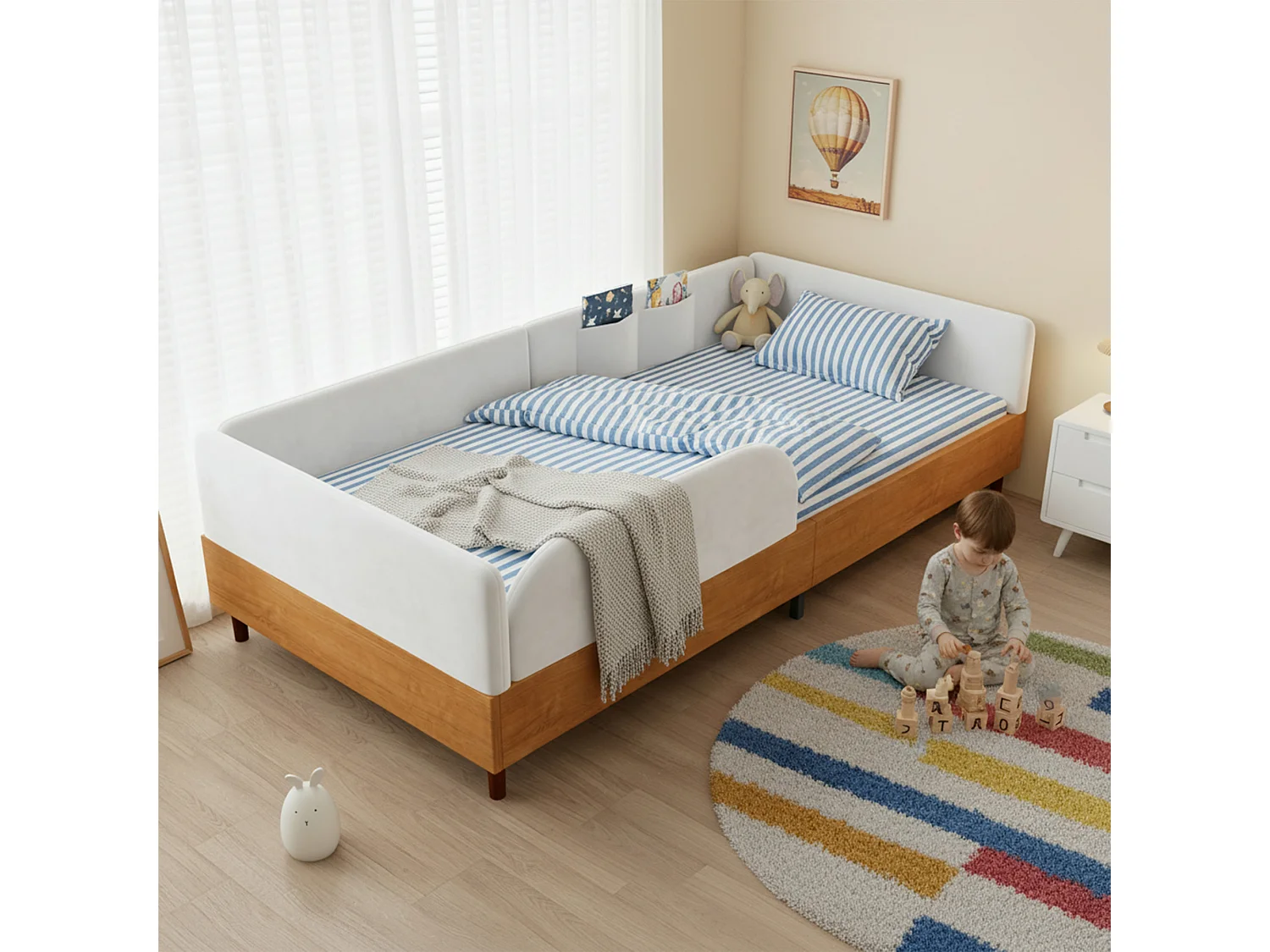 Lit capitonné pour enfant - 90 x 200 cm - avec 2 poches de rangement - bordure en mousse - velours - blanc + naturel