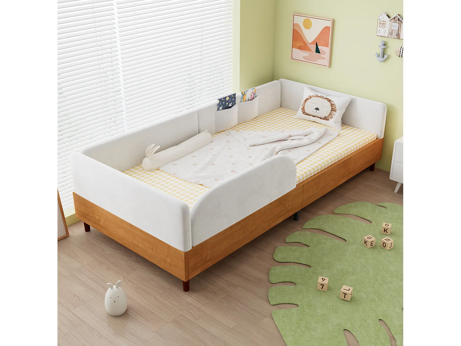 Lit capitonné pour enfant - 90 x 200 cm - avec 2 poches de rangement - bordure en mousse - velours - blanc + naturel