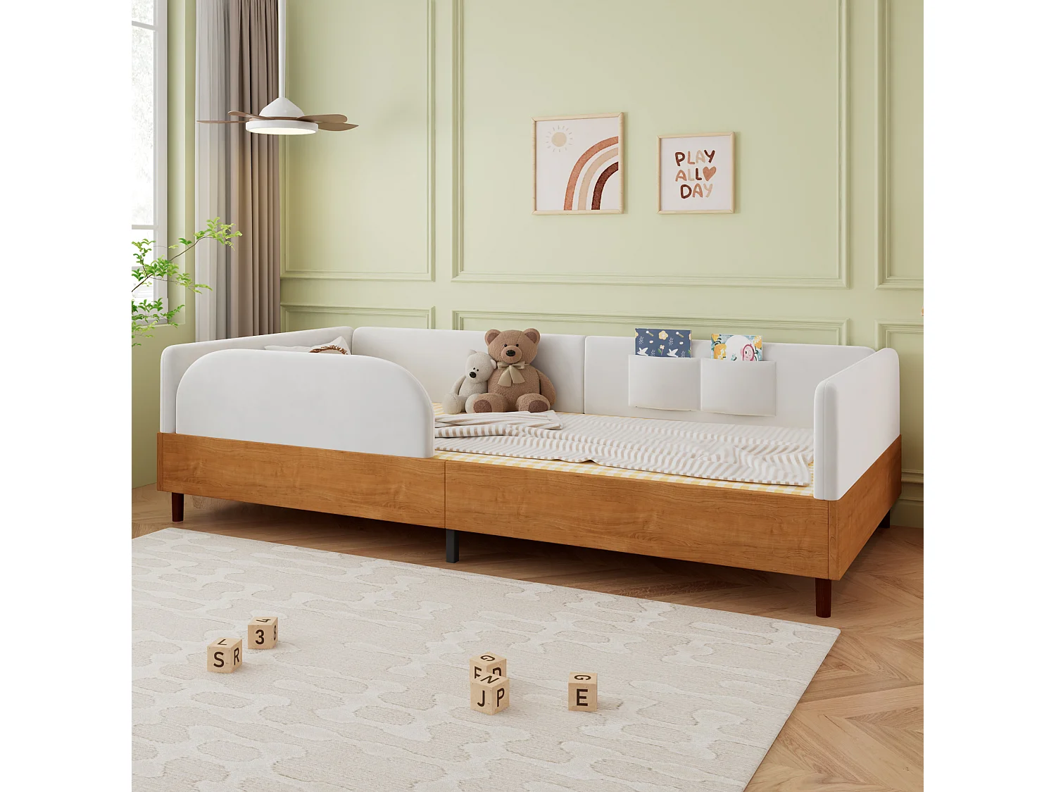 Lit capitonné pour enfant - 90 x 200 cm - avec 2 poches de rangement - bordure en mousse - velours - blanc + naturel