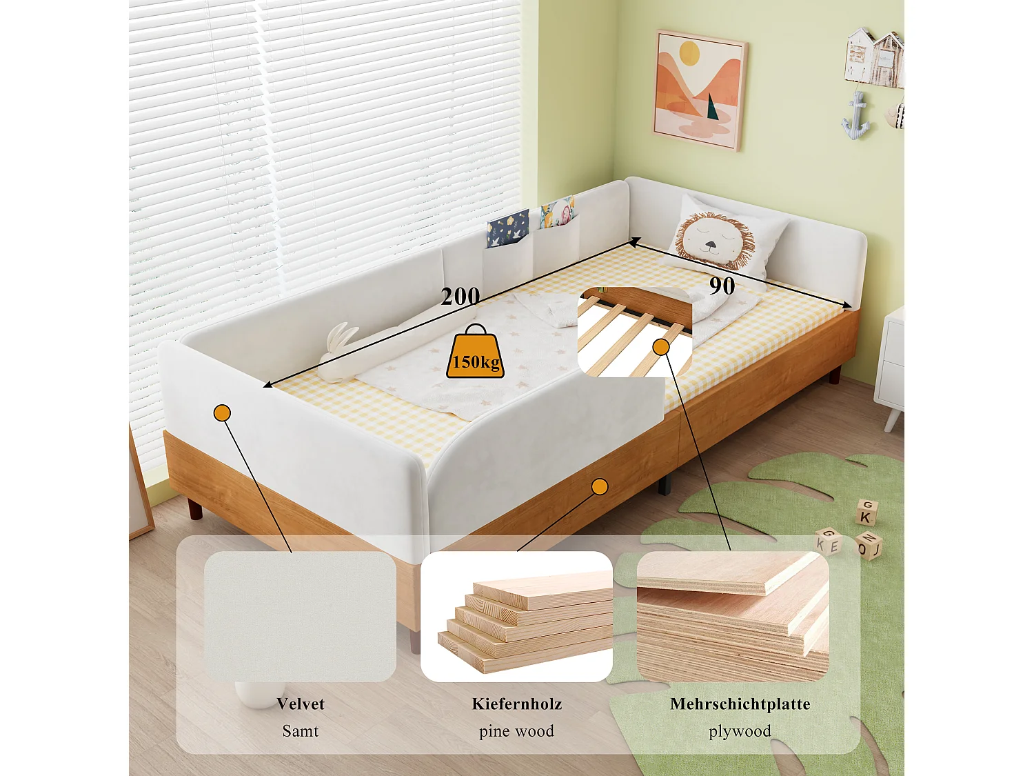 Lit capitonné pour enfant - 90 x 200 cm - avec 2 poches de rangement - bordure en mousse - velours - blanc + naturel