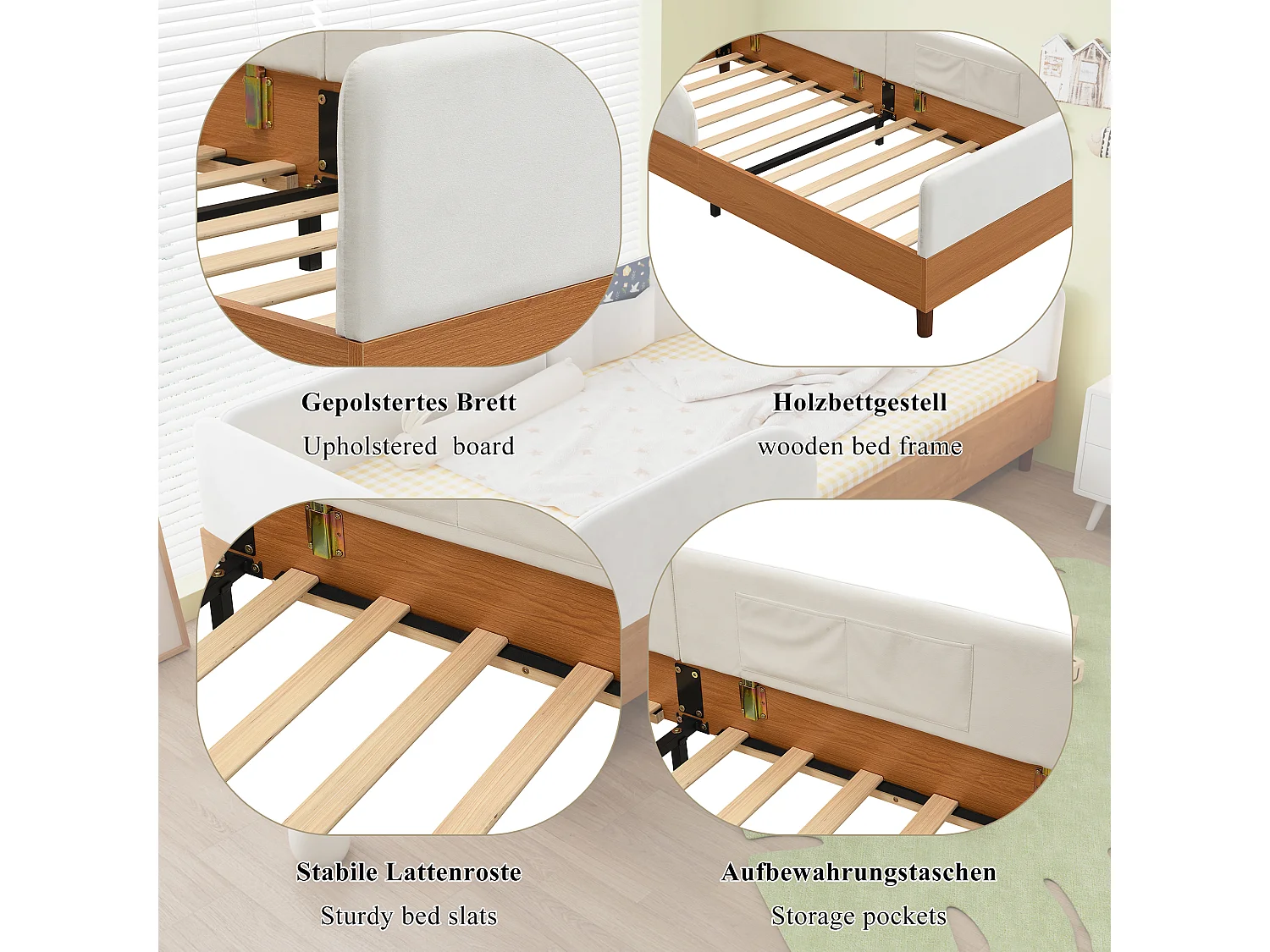 Lit capitonné pour enfant - 90 x 200 cm - avec 2 poches de rangement - bordure en mousse - velours - blanc + naturel