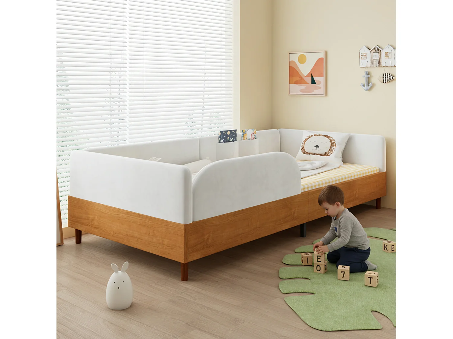 Lit capitonné pour enfant - 90 x 200 cm - avec 2 poches de rangement - bordure en mousse - velours - blanc + naturel