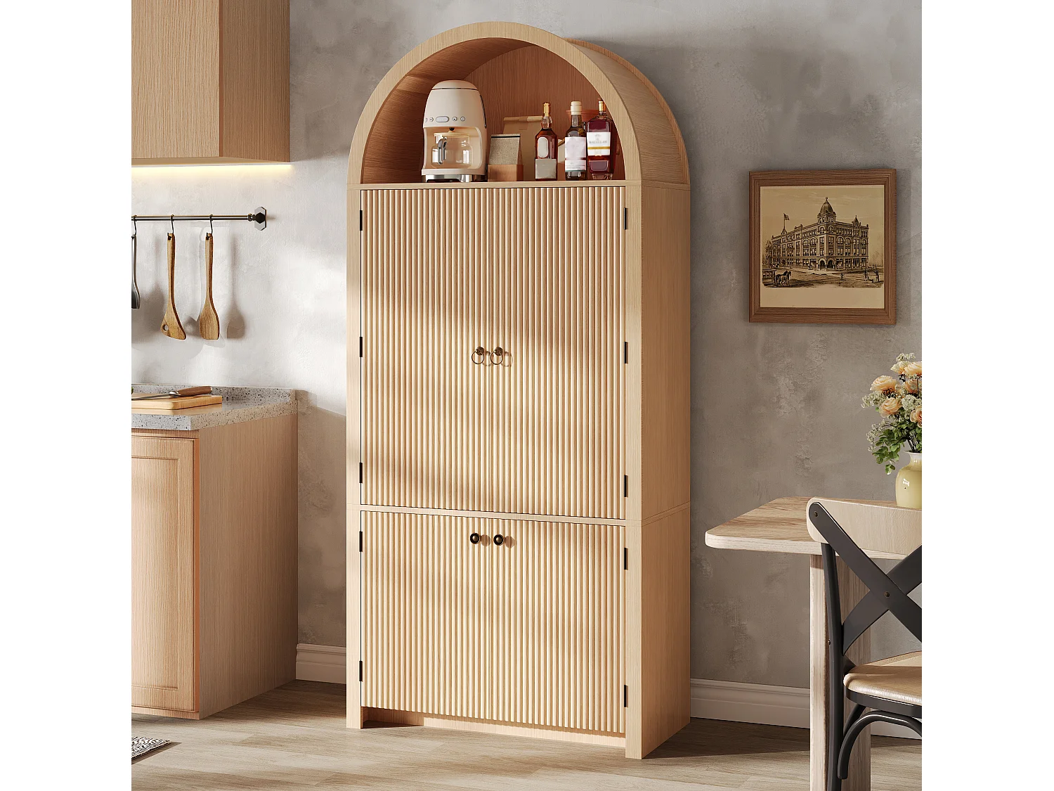 Buffet de cuisine - 80 x 40 x 180 cm - avec portes de rangement + étagère ouverte - MDF - naturel