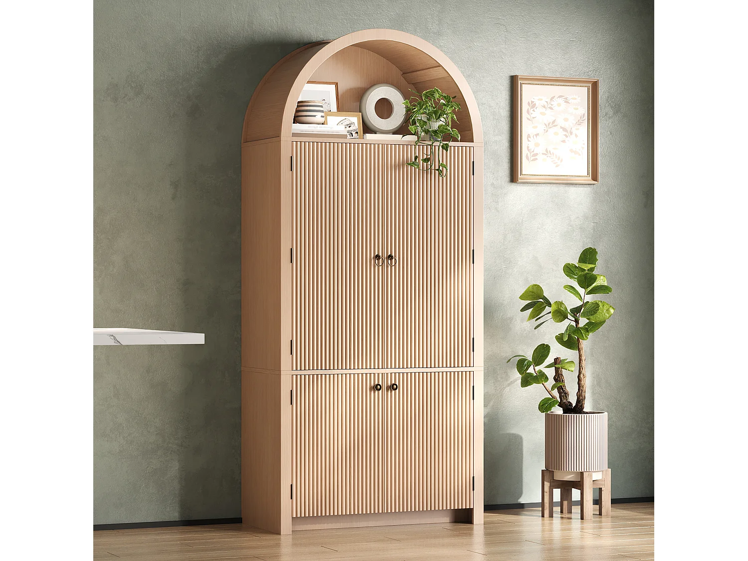 Buffet de cuisine - 80 x 40 x 180 cm - avec portes de rangement + étagère ouverte - MDF - naturel