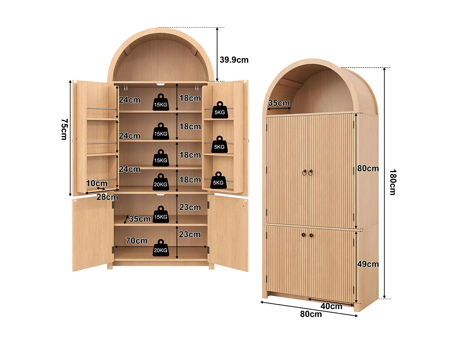Buffet de cuisine - 80 x 40 x 180 cm - avec portes de rangement + étagère ouverte - MDF - naturel