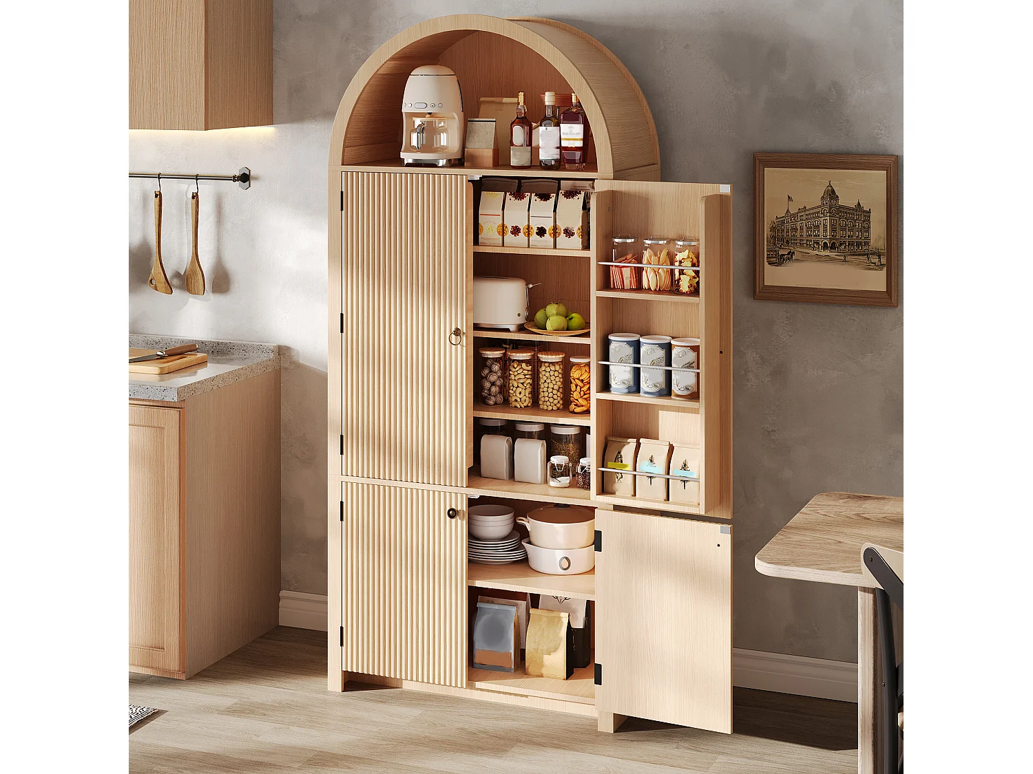 Buffet de cuisine - 80 x 40 x 180 cm - avec portes de rangement + étagère ouverte - MDF - naturel