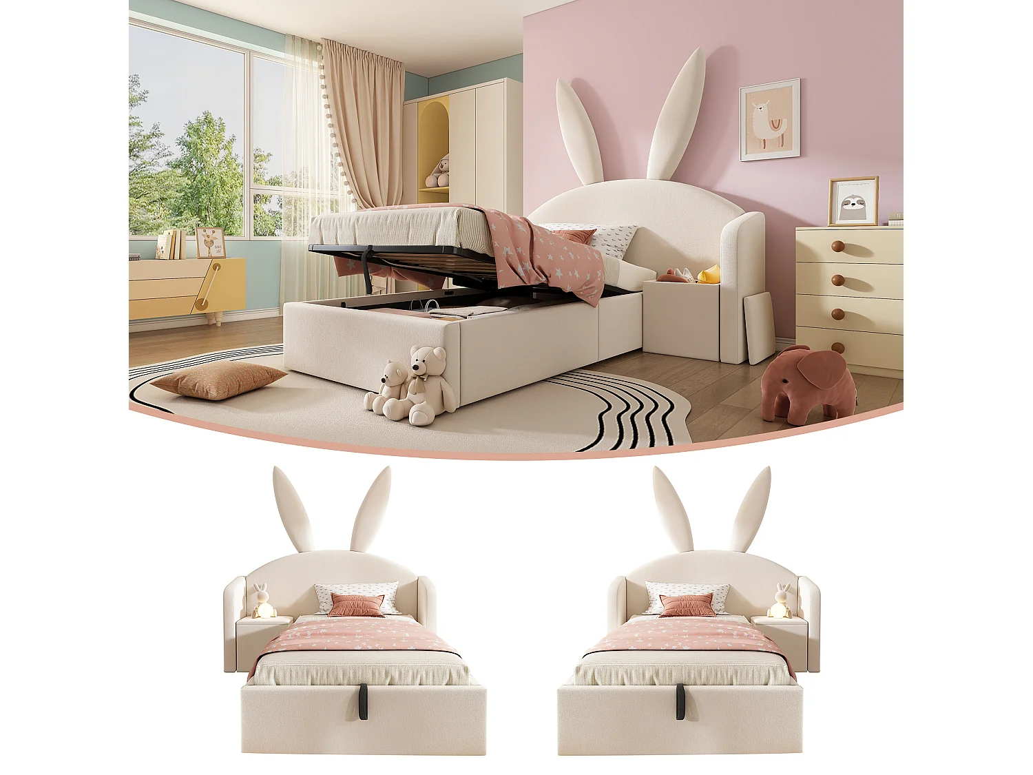 Lit coffre hydraulique capitonné enfant - 90 x 200 cm - avec tête de lit + table de chevet - velours - beige