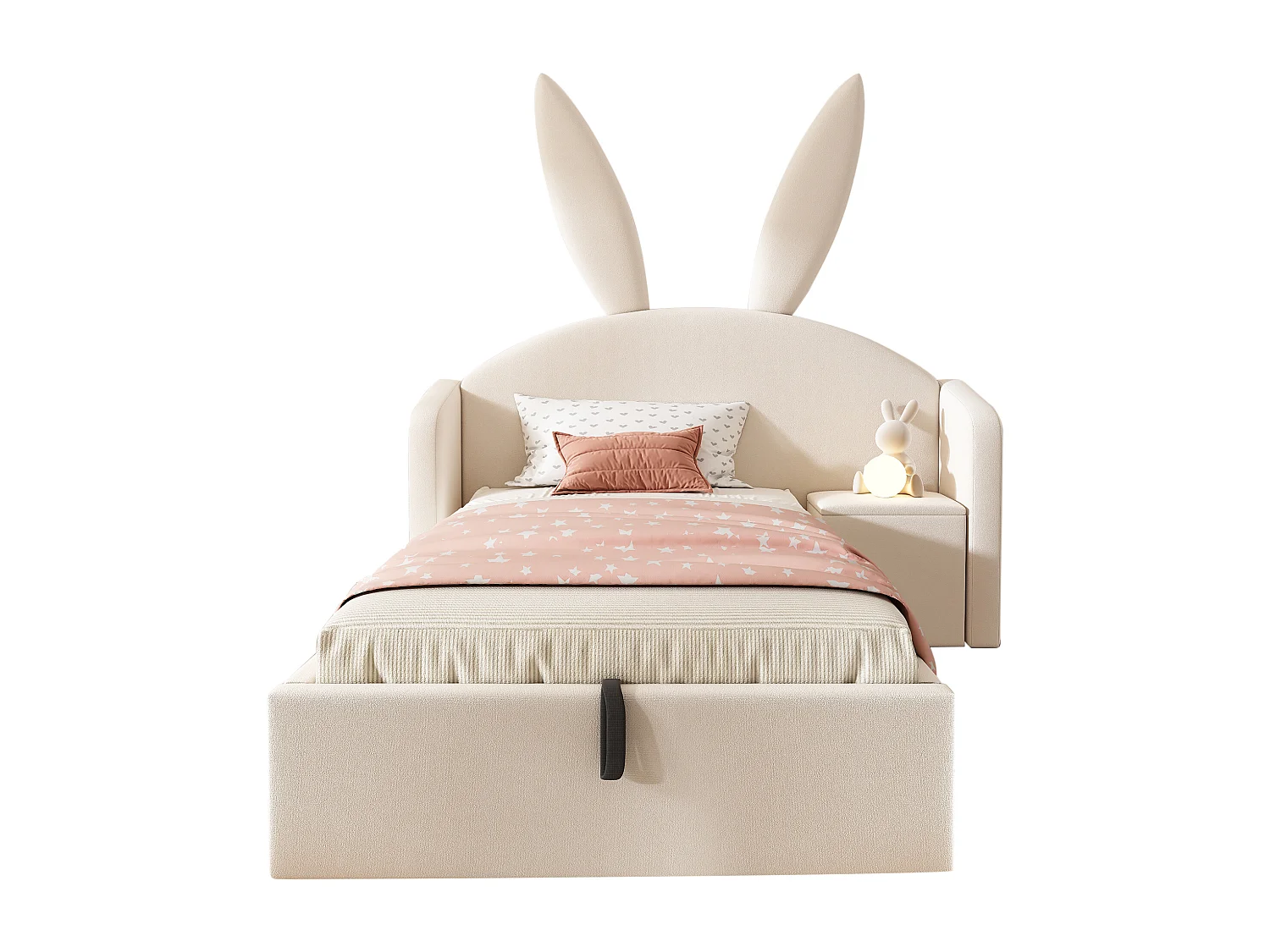 Lit coffre hydraulique capitonné enfant - 90 x 200 cm - avec tête de lit + table de chevet - velours - beige