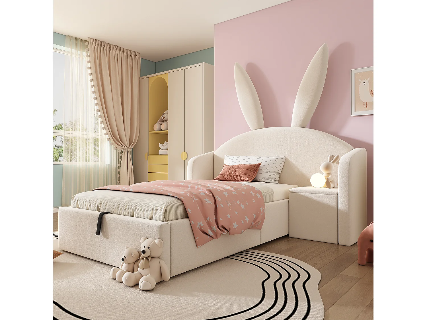 Lit coffre hydraulique capitonné enfant - 90 x 200 cm - avec tête de lit + table de chevet - velours - beige