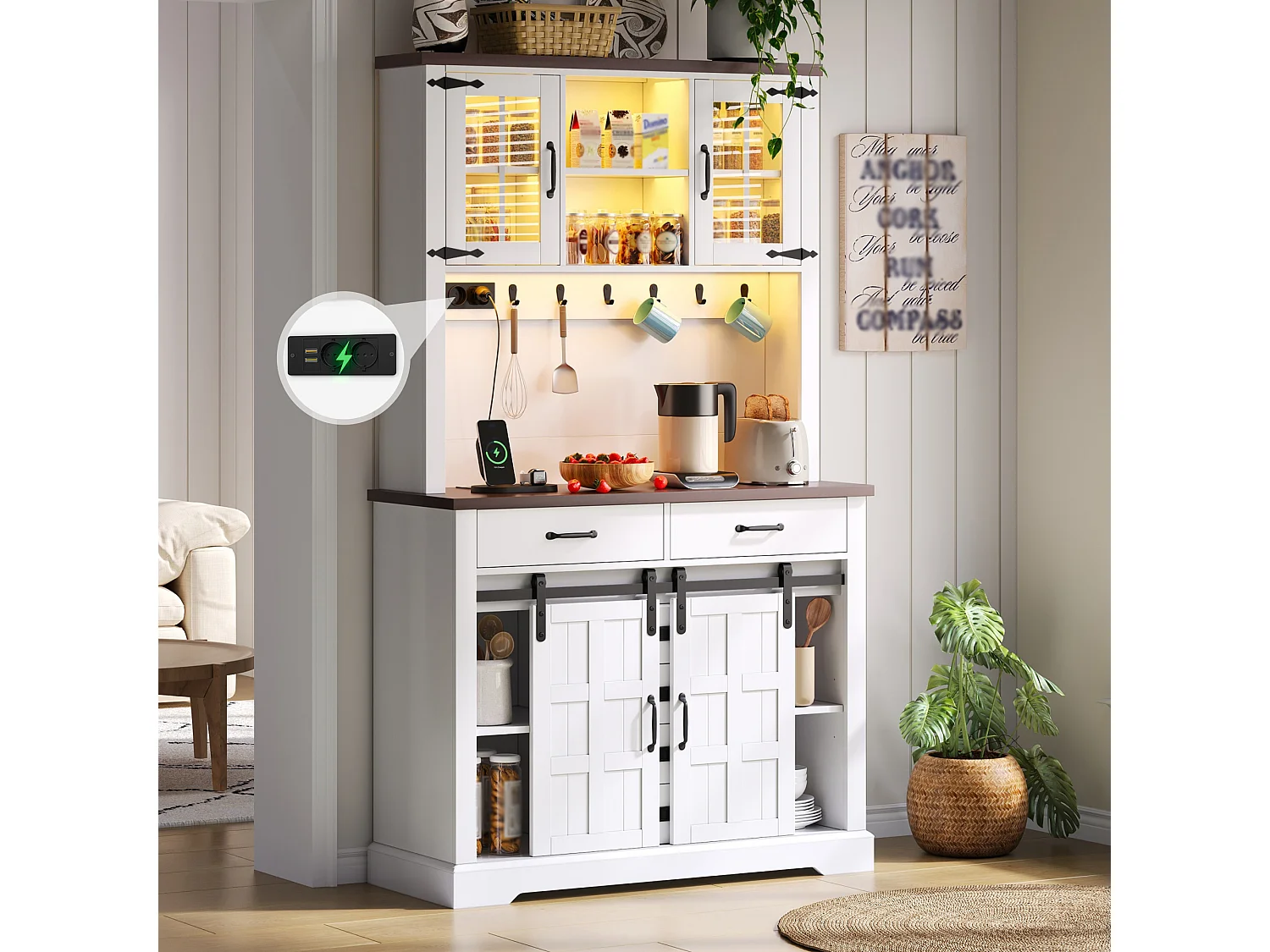 Buffet haut de cuisine - 108 x 40 x 180 cm - avec prise + Leds + plan de travail + 6 tiroirs + crochets - MDF - blanc