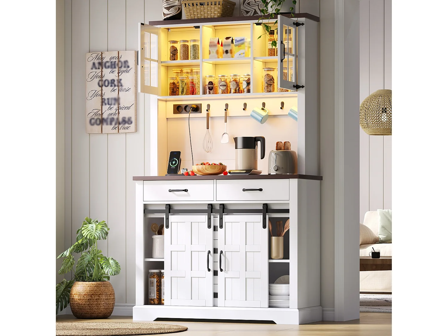 Buffet haut de cuisine - 108 x 40 x 180 cm - avec prise + Leds + plan de travail + 6 tiroirs + crochets - MDF - blanc
