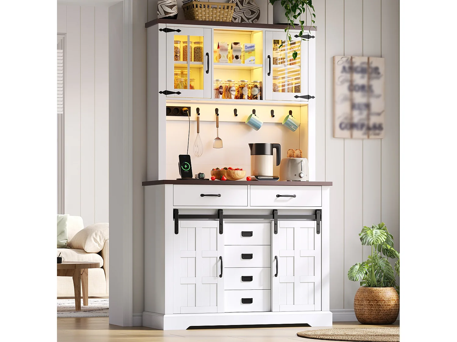 Buffet haut de cuisine - 108 x 40 x 180 cm - avec prise + Leds + plan de travail + 6 tiroirs + crochets - MDF - blanc