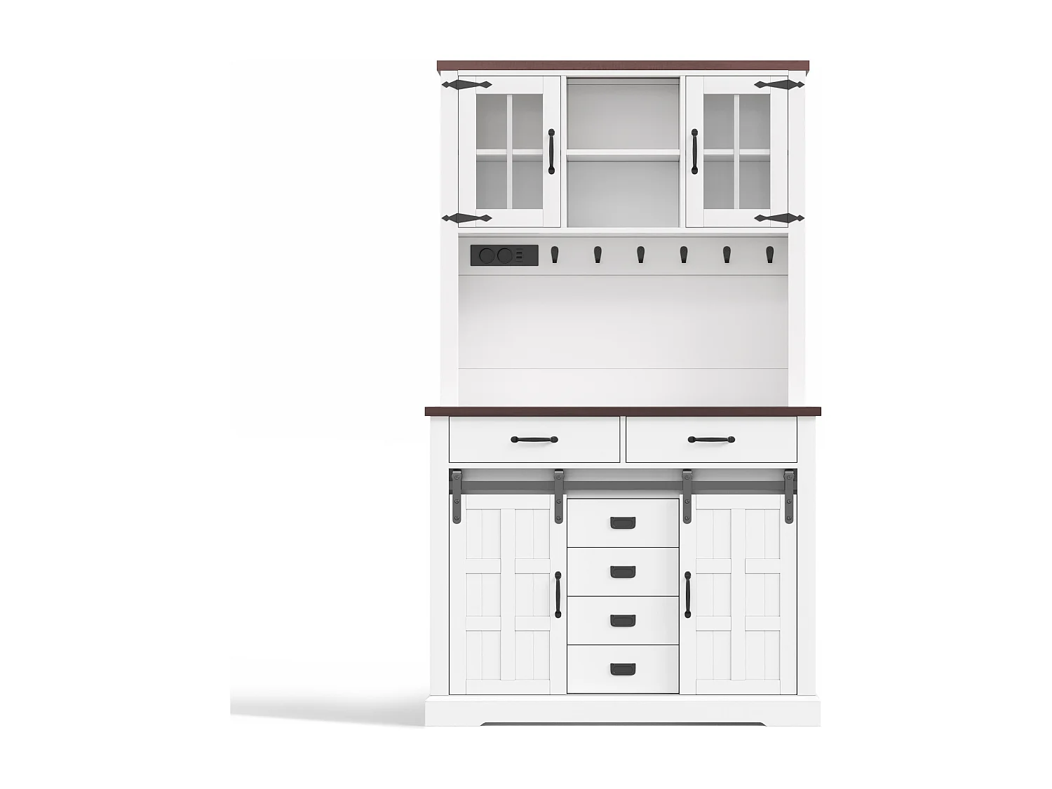 Buffet haut de cuisine - 108 x 40 x 180 cm - avec prise + Leds + plan de travail + 6 tiroirs + crochets - MDF - blanc
