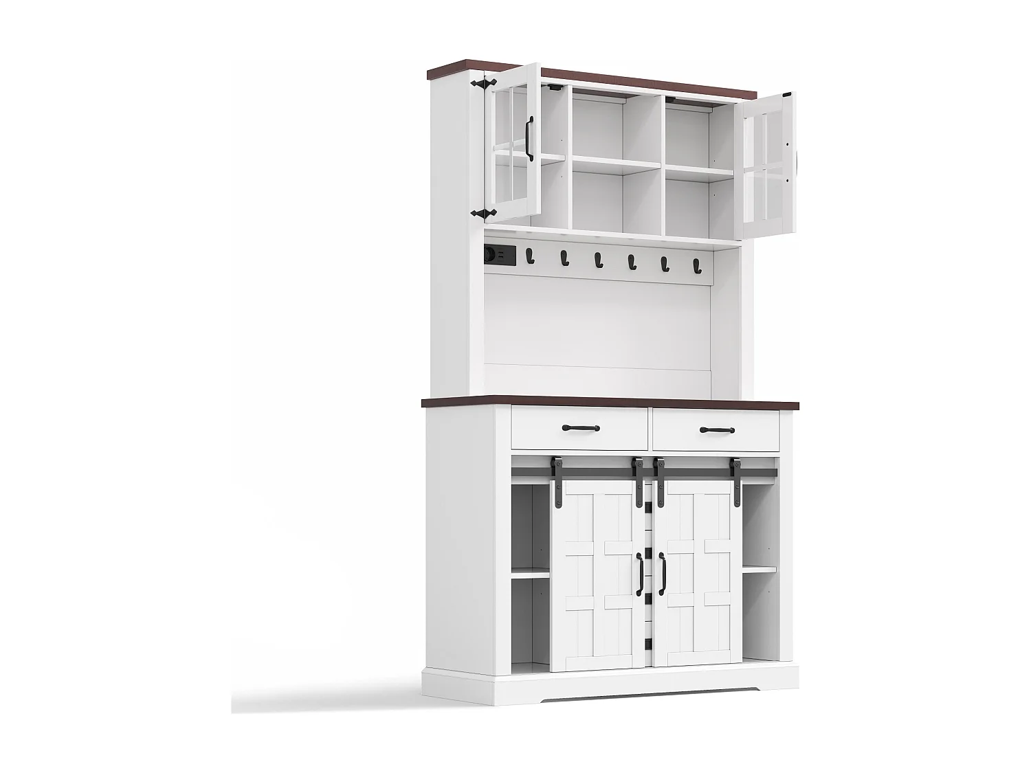 Buffet haut de cuisine - 108 x 40 x 180 cm - avec prise + Leds + plan de travail + 6 tiroirs + crochets - MDF - blanc