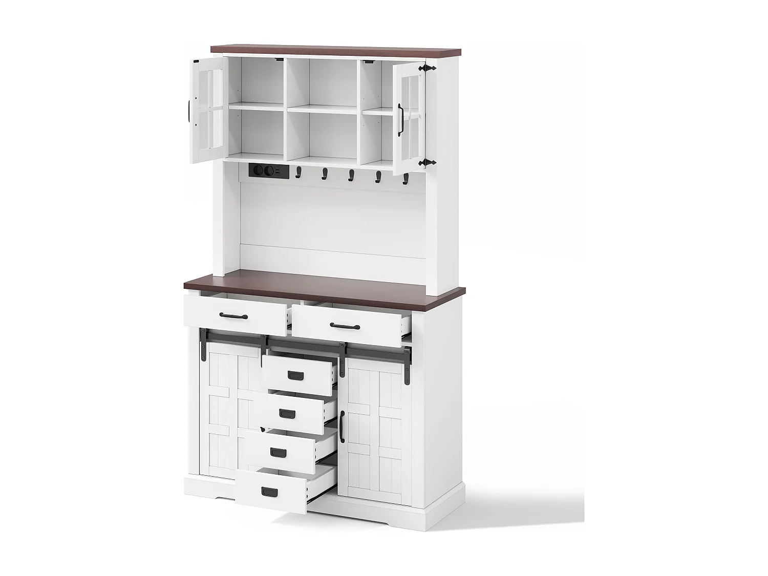 Buffet haut de cuisine - 108 x 40 x 180 cm - avec prise + Leds + plan de travail + 6 tiroirs + crochets - MDF - blanc