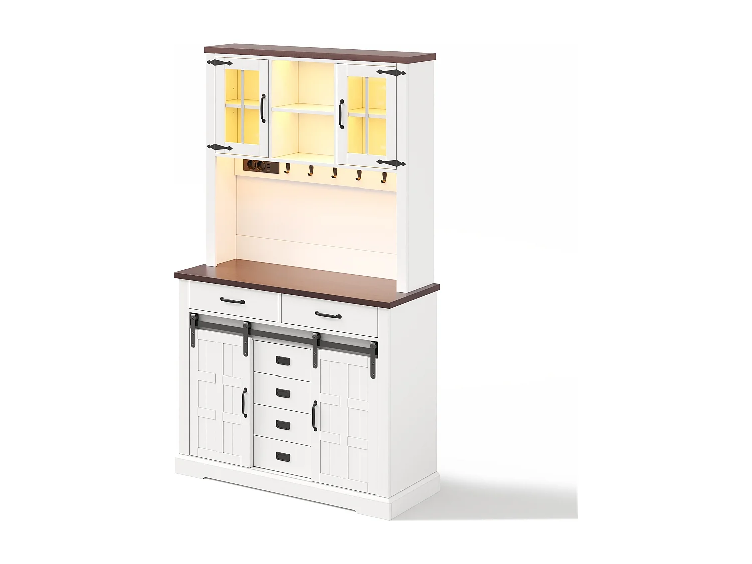 Buffet haut de cuisine - 108 x 40 x 180 cm - avec prise + Leds + plan de travail + 6 tiroirs + crochets - MDF - blanc