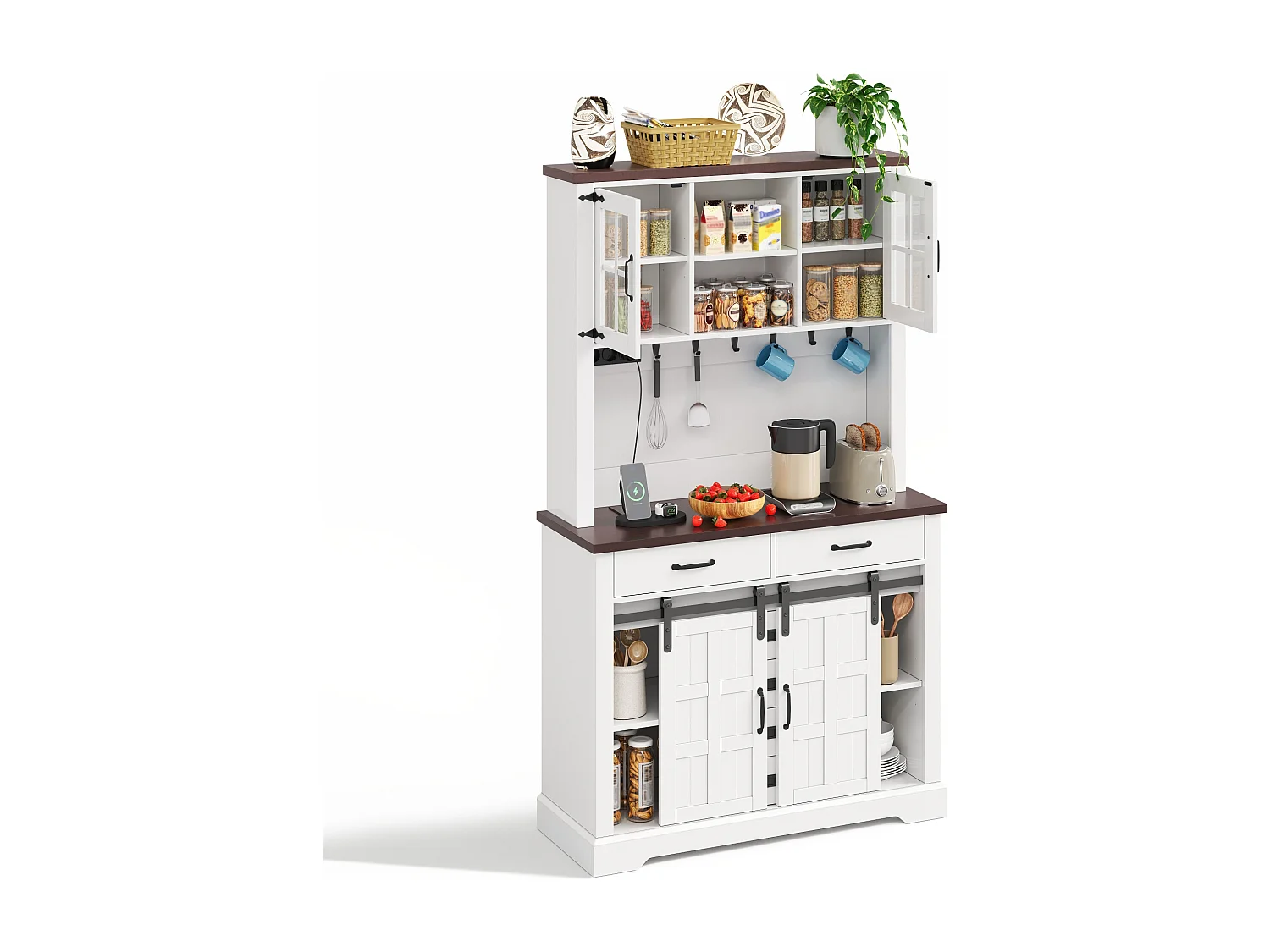Buffet haut de cuisine - 108 x 40 x 180 cm - avec prise + Leds + plan de travail + 6 tiroirs + crochets - MDF - blanc