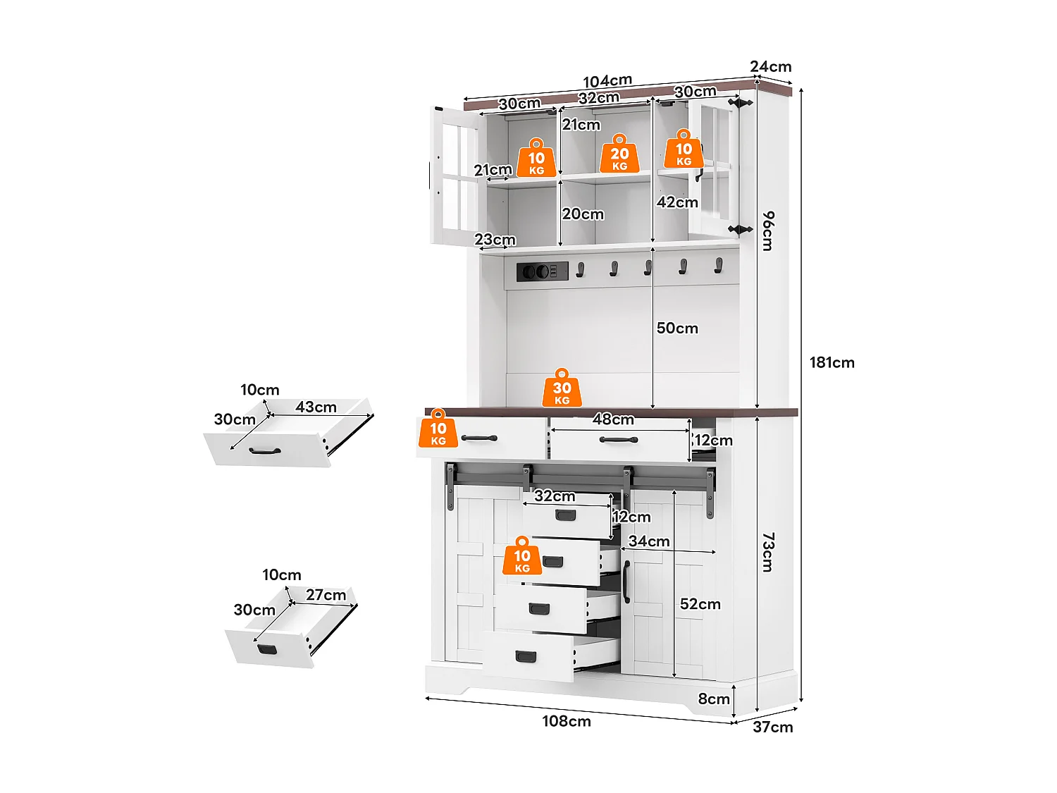 Buffet haut de cuisine - 108 x 40 x 180 cm - avec prise + Leds + plan de travail + 6 tiroirs + crochets - MDF - blanc