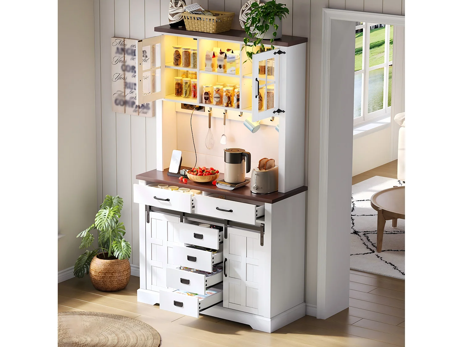 Buffet haut de cuisine - 108 x 40 x 180 cm - avec prise + Leds + plan de travail + 6 tiroirs + crochets - MDF - blanc