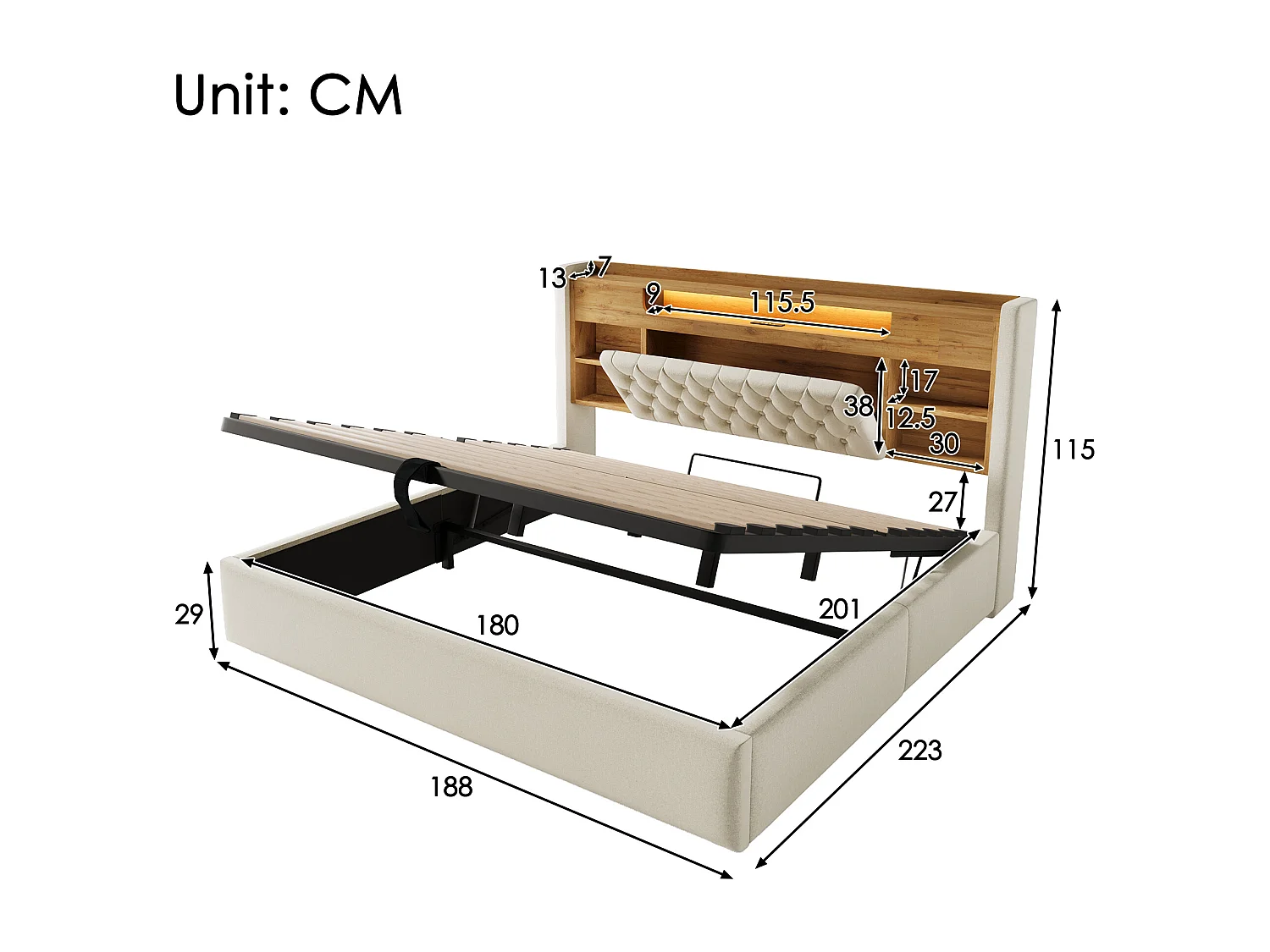 Lit coffre hydraulique - 180 x 200 cm - avec Leds + USB/Type-C + tête de lit de rangement - lin - beige
