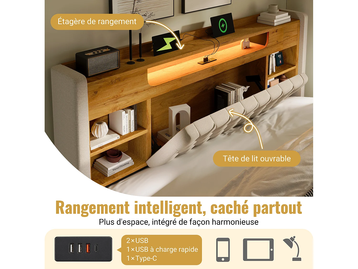 Lit coffre hydraulique - 180 x 200 cm - avec Leds + USB/Type-C + tête de lit de rangement - lin - beige