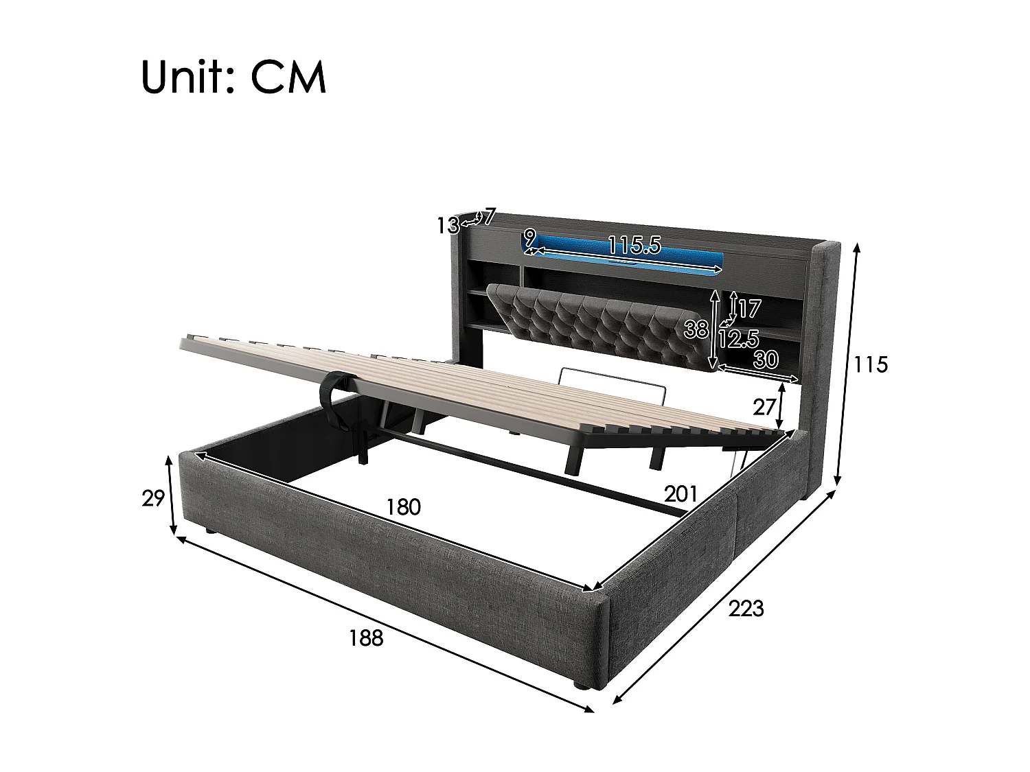 Lit coffre hydraulique - 180 x 200 cm - avec Leds + USB/Type-C + tête de lit de rangement - lin - gris