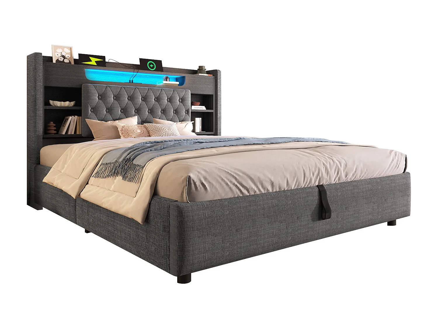 Lit coffre hydraulique - 180 x 200 cm - avec Leds + USB/Type-C + tête de lit de rangement - lin - gris