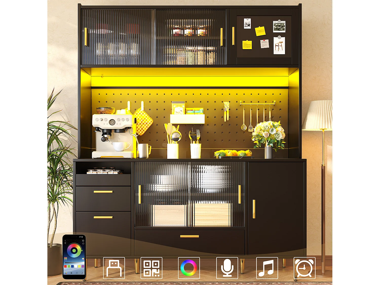 Buffet haut de cuisine - 140 x 40 x 180 cm - avec Leds + portes coulissantes en verre - MDF - noir
