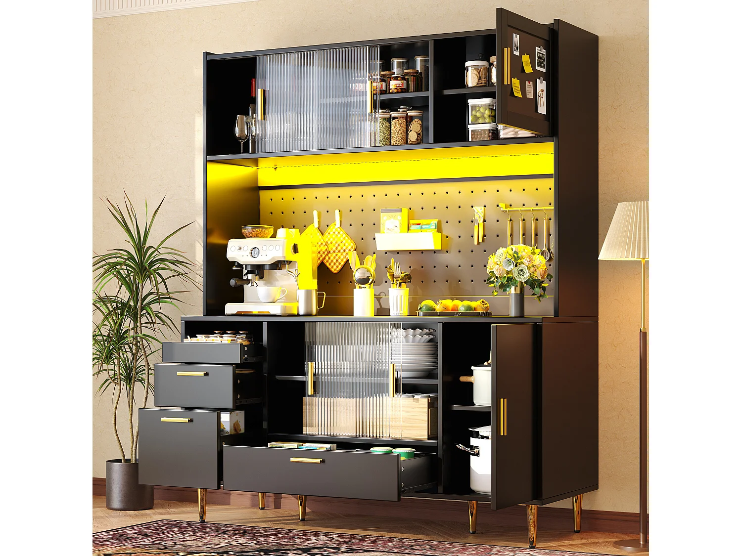 Buffet haut de cuisine - 140 x 40 x 180 cm - avec Leds + portes coulissantes en verre - MDF - noir
