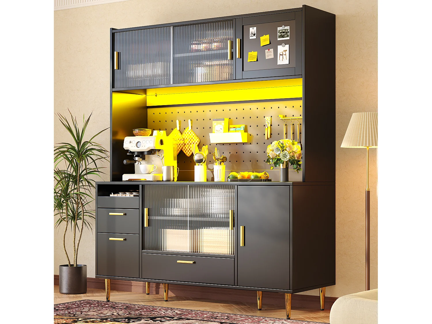 Buffet haut de cuisine - 140 x 40 x 180 cm - avec Leds + portes coulissantes en verre - MDF - noir