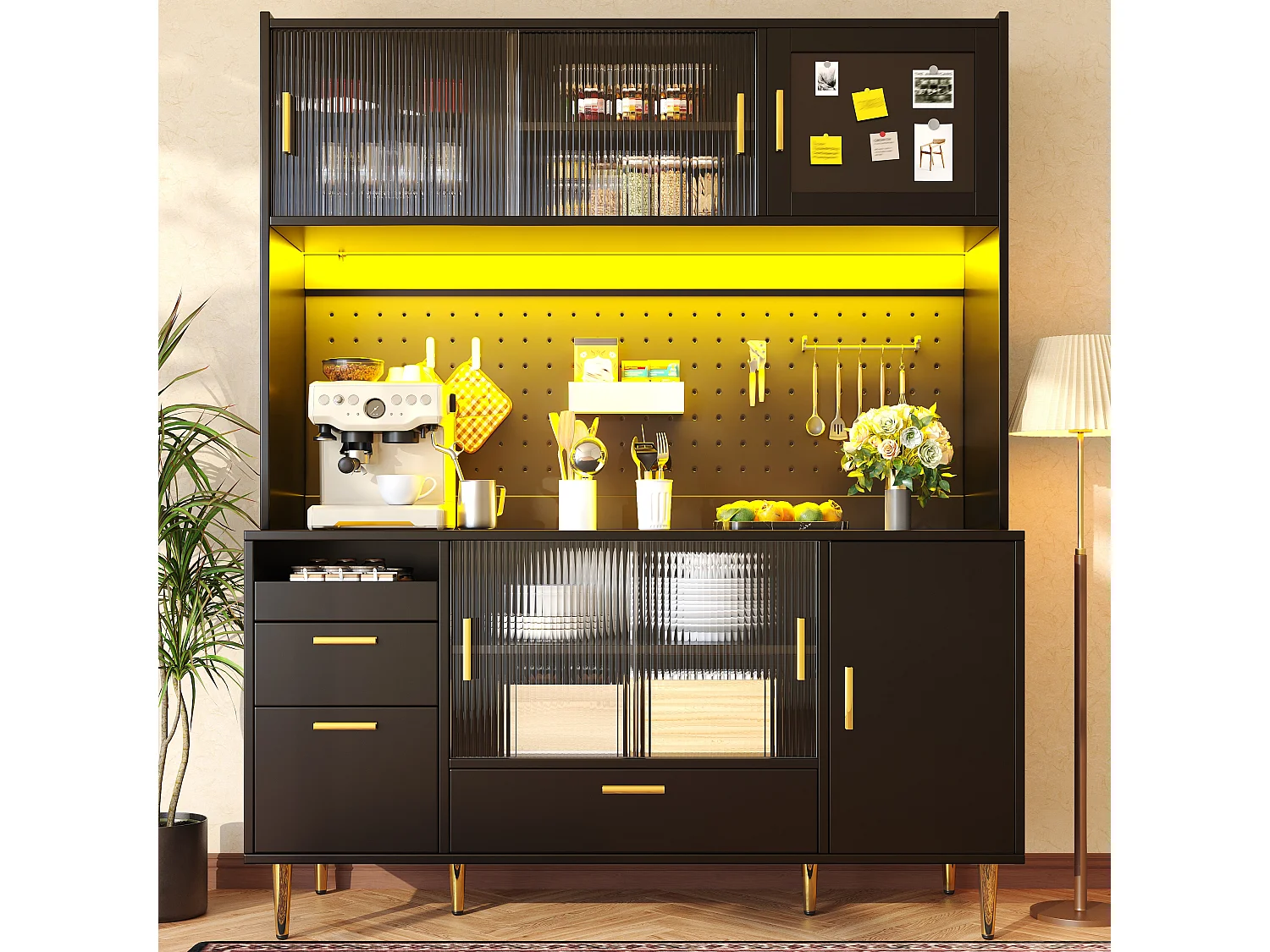 Buffet haut de cuisine - 140 x 40 x 180 cm - avec Leds + portes coulissantes en verre - MDF - noir