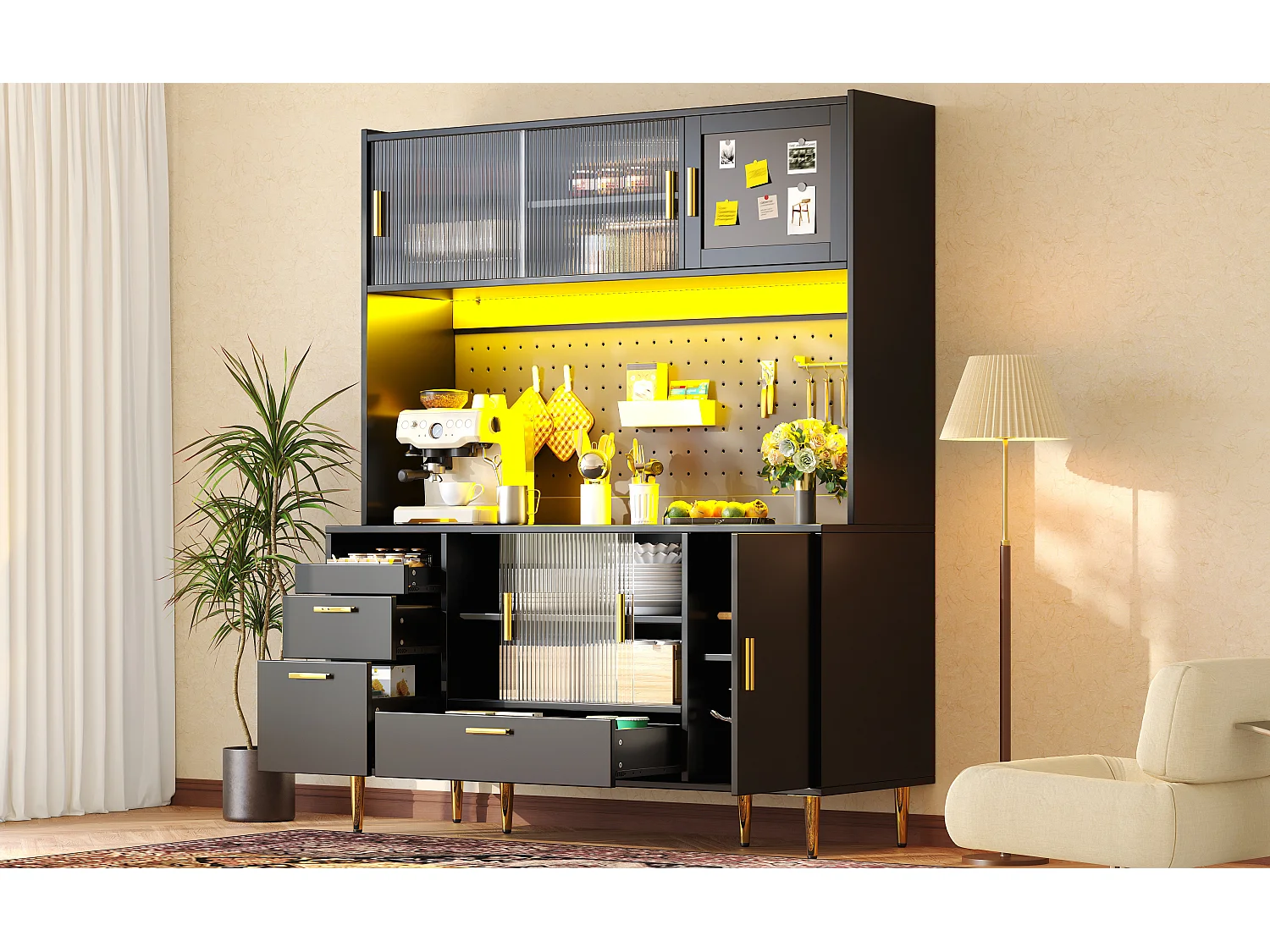 Buffet haut de cuisine - 140 x 40 x 180 cm - avec Leds + portes coulissantes en verre - MDF - noir