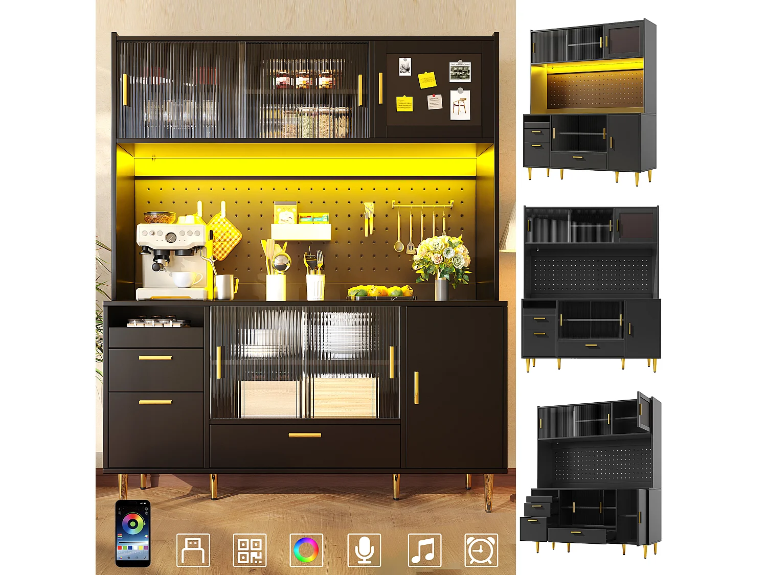 Buffet haut de cuisine - 140 x 40 x 180 cm - avec Leds + portes coulissantes en verre - MDF - noir