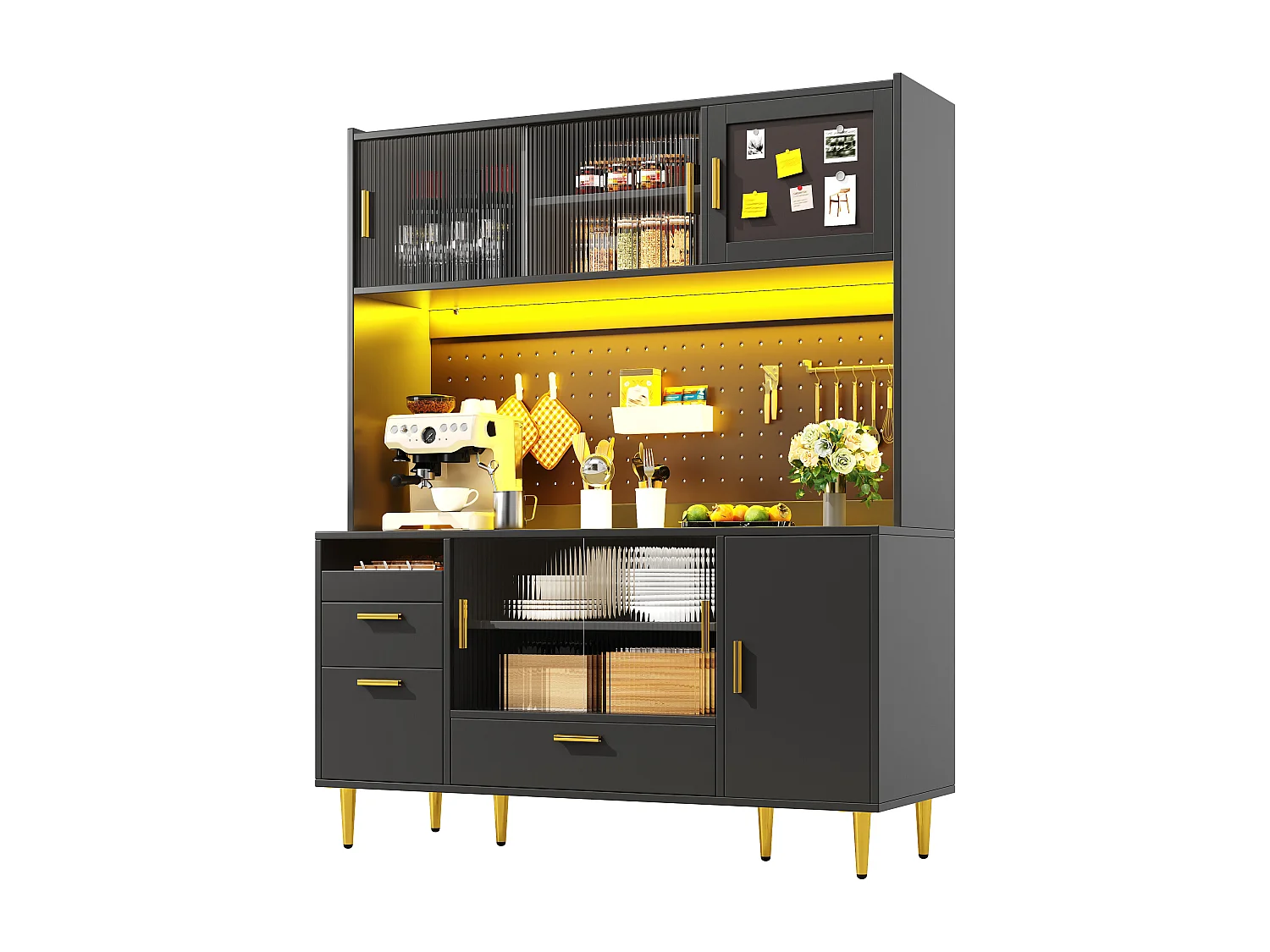 Buffet haut de cuisine - 140 x 40 x 180 cm - avec Leds + portes coulissantes en verre - MDF - noir