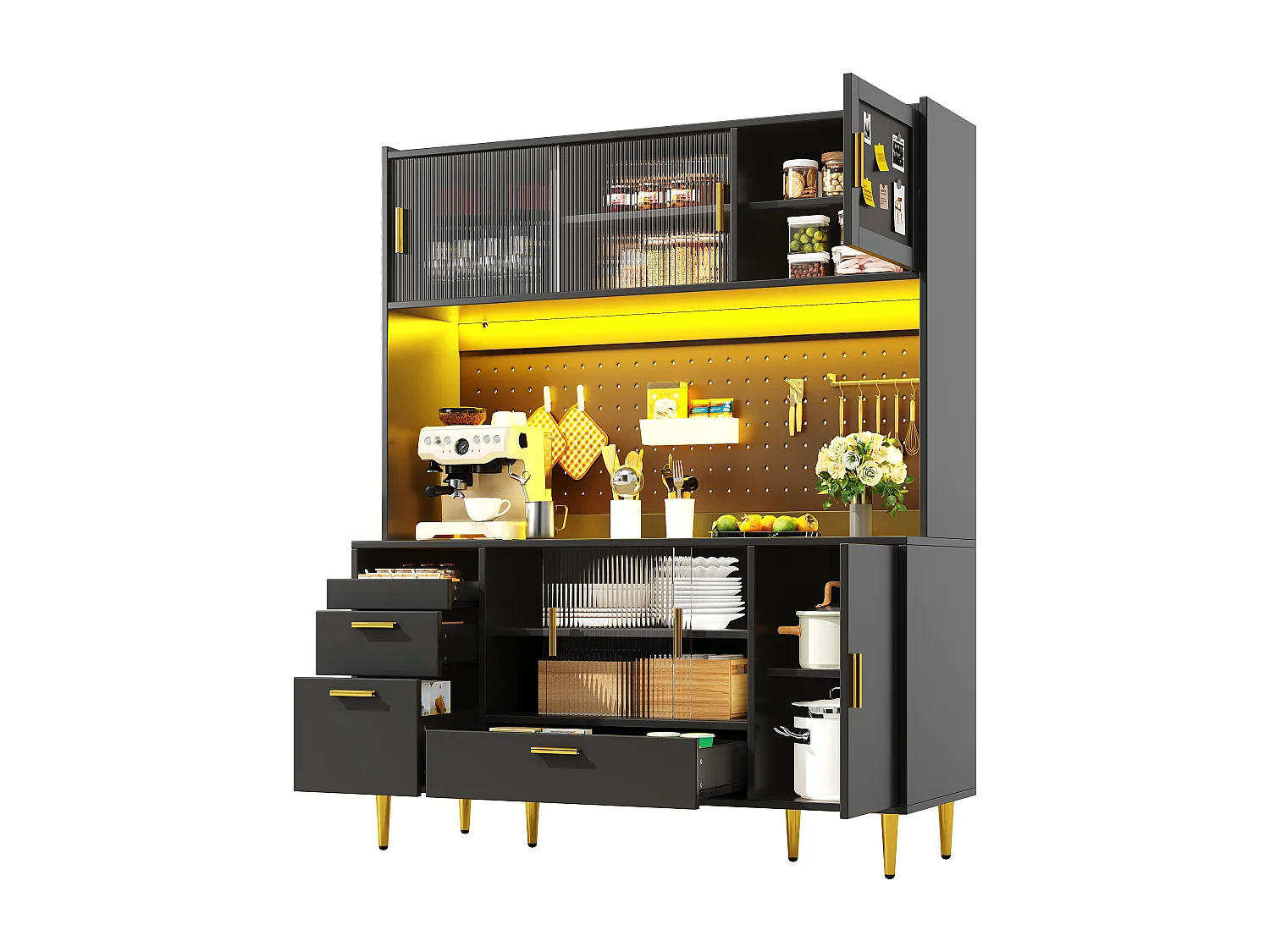 Buffet haut de cuisine - 140 x 40 x 180 cm - avec Leds + portes coulissantes en verre - MDF - noir