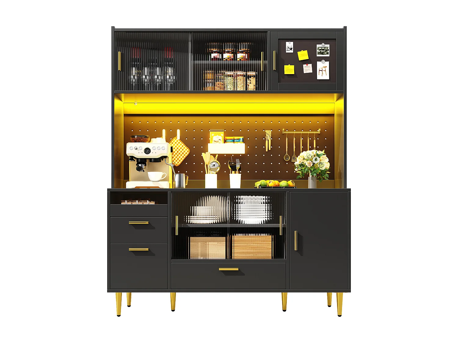 Buffet haut de cuisine - 140 x 40 x 180 cm - avec Leds + portes coulissantes en verre - MDF - noir