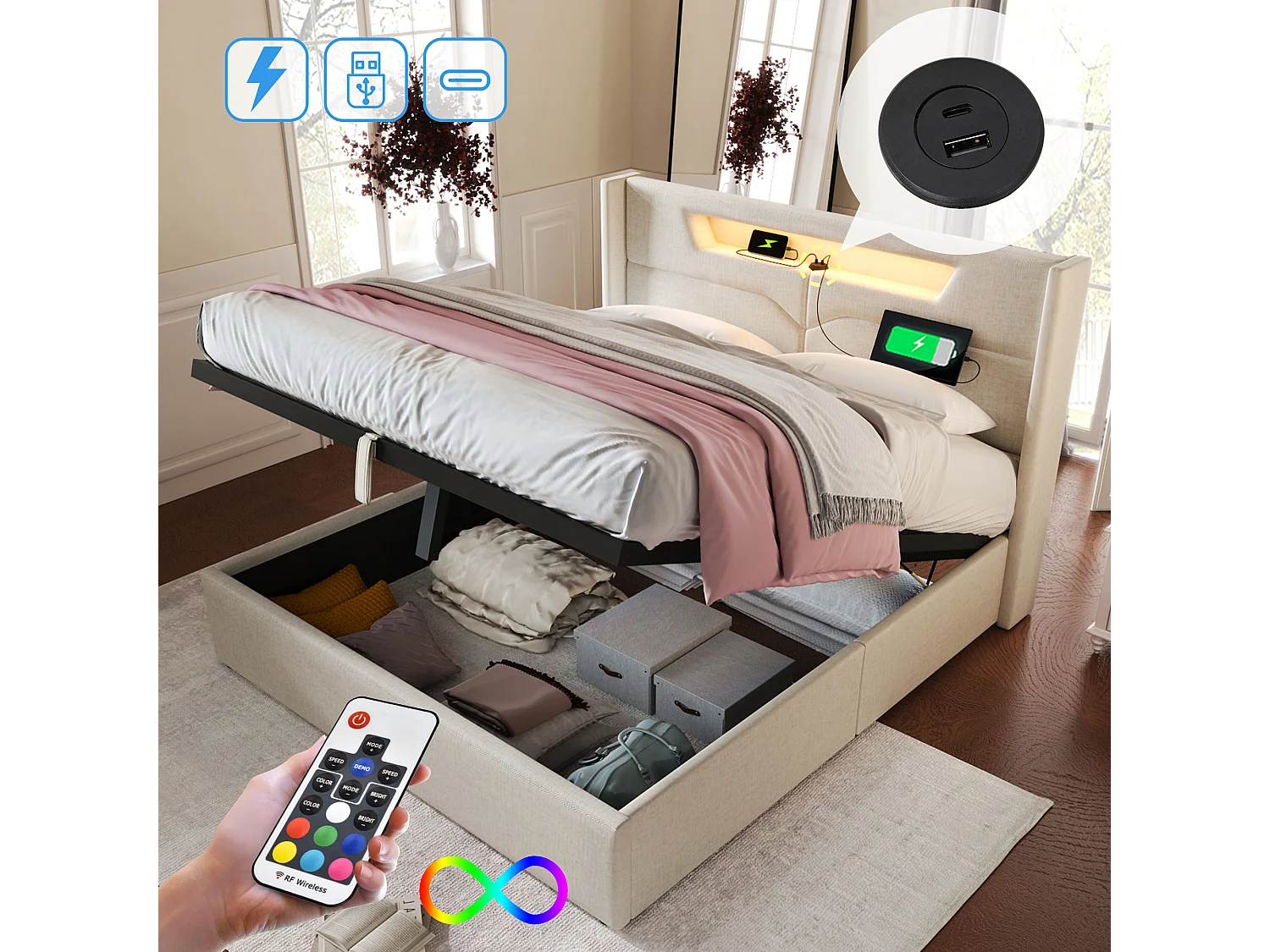 Lit coffre rembourré - 160 x 200 cm - avec Leds + USB Type C + tête de lit + sommier à lattes - lin - beige