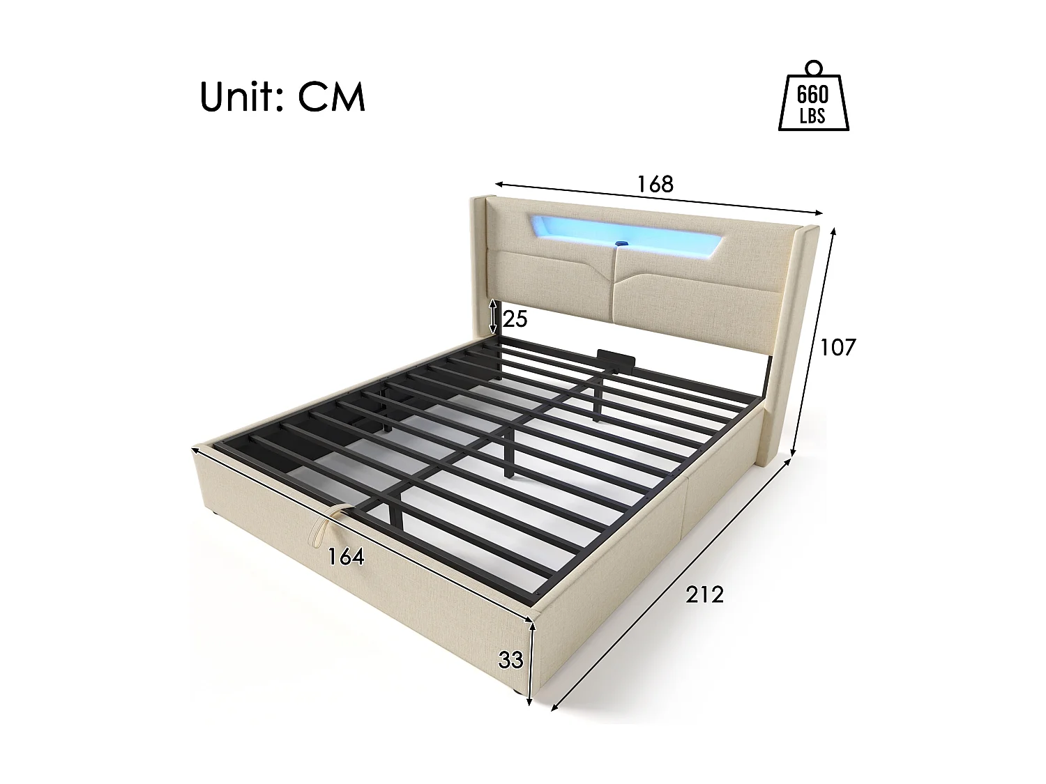 Lit coffre rembourré - 160 x 200 cm - avec Leds + USB Type C + tête de lit + sommier à lattes - lin - beige