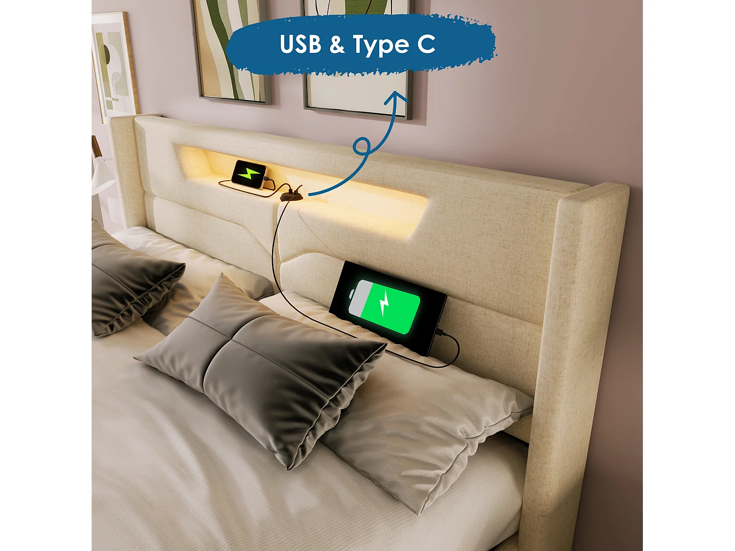 Lit coffre rembourré - 160 x 200 cm - avec Leds + USB Type C + tête de lit + sommier à lattes - lin - beige