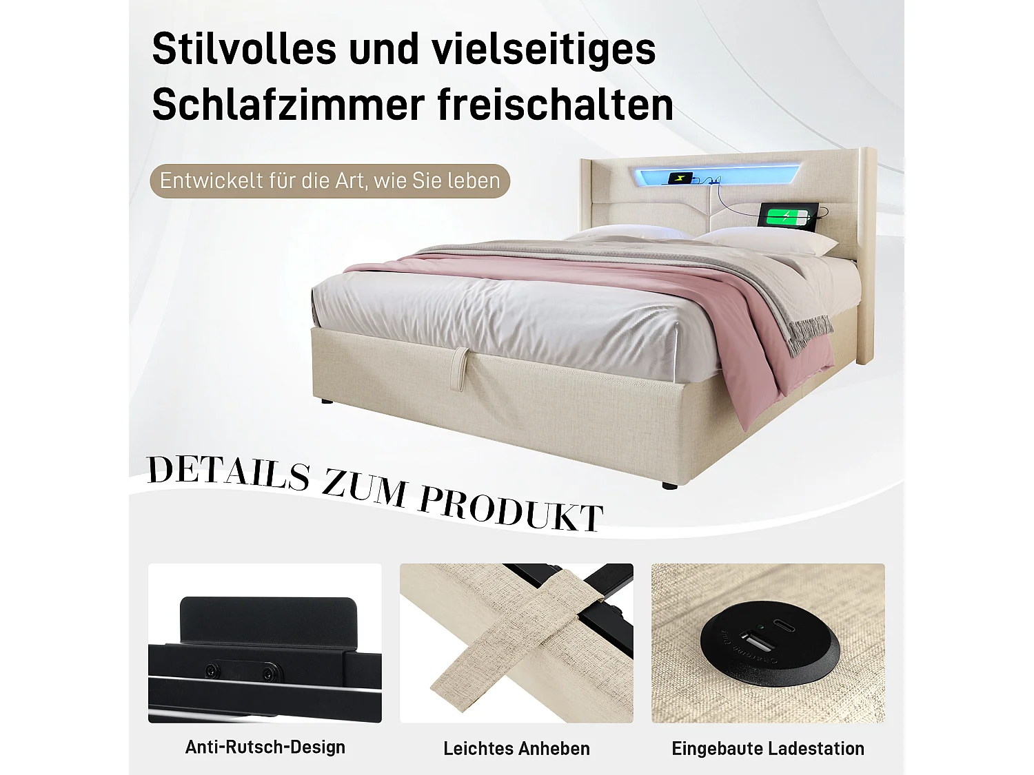 Lit coffre rembourré - 160 x 200 cm - avec Leds + USB Type C + tête de lit + sommier à lattes - lin - beige