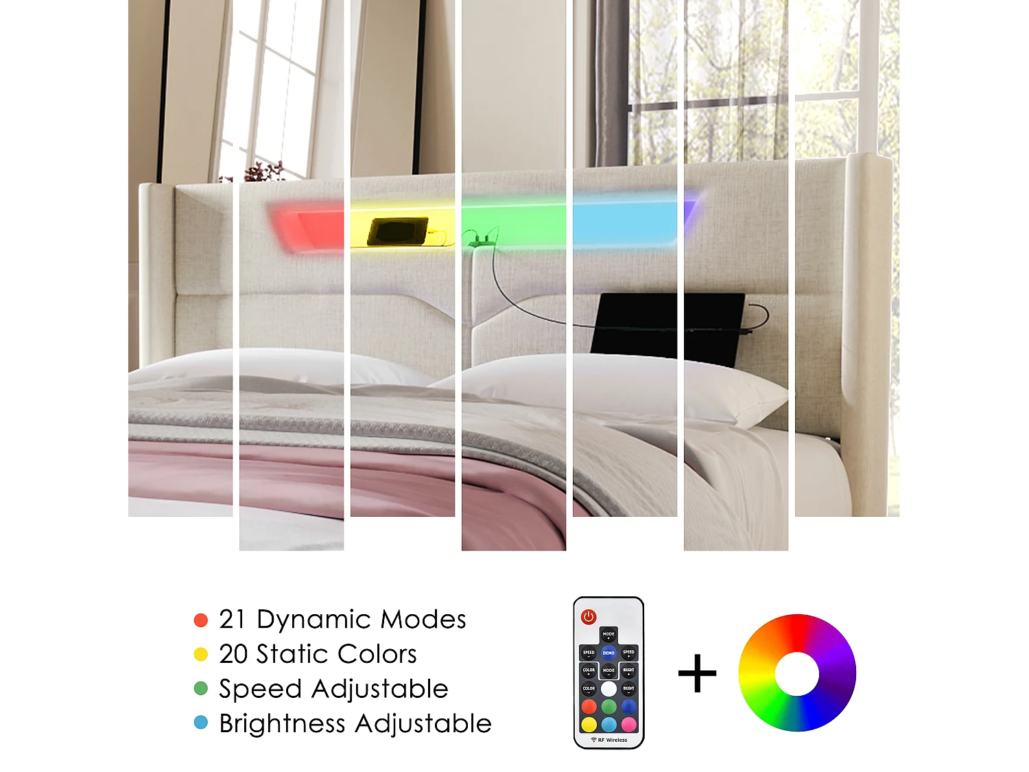 Lit coffre rembourré - 160 x 200 cm - avec Leds + USB Type C + tête de lit + sommier à lattes - lin - beige