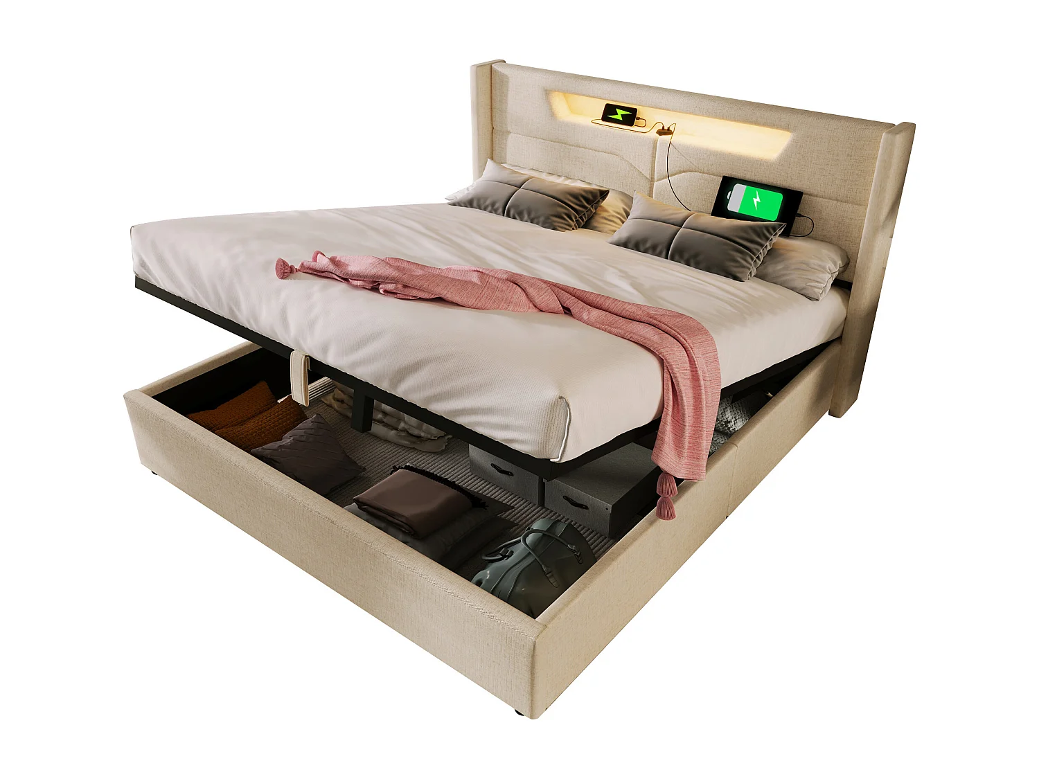 Lit coffre rembourré - 160 x 200 cm - avec Leds + USB Type C + tête de lit + sommier à lattes - lin - beige